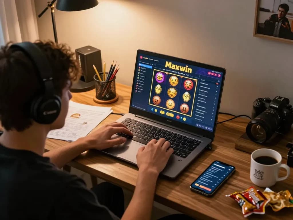 Player concentrating on slot gacor maxwin game in a cozy home office setting, showcasing strategic betting.