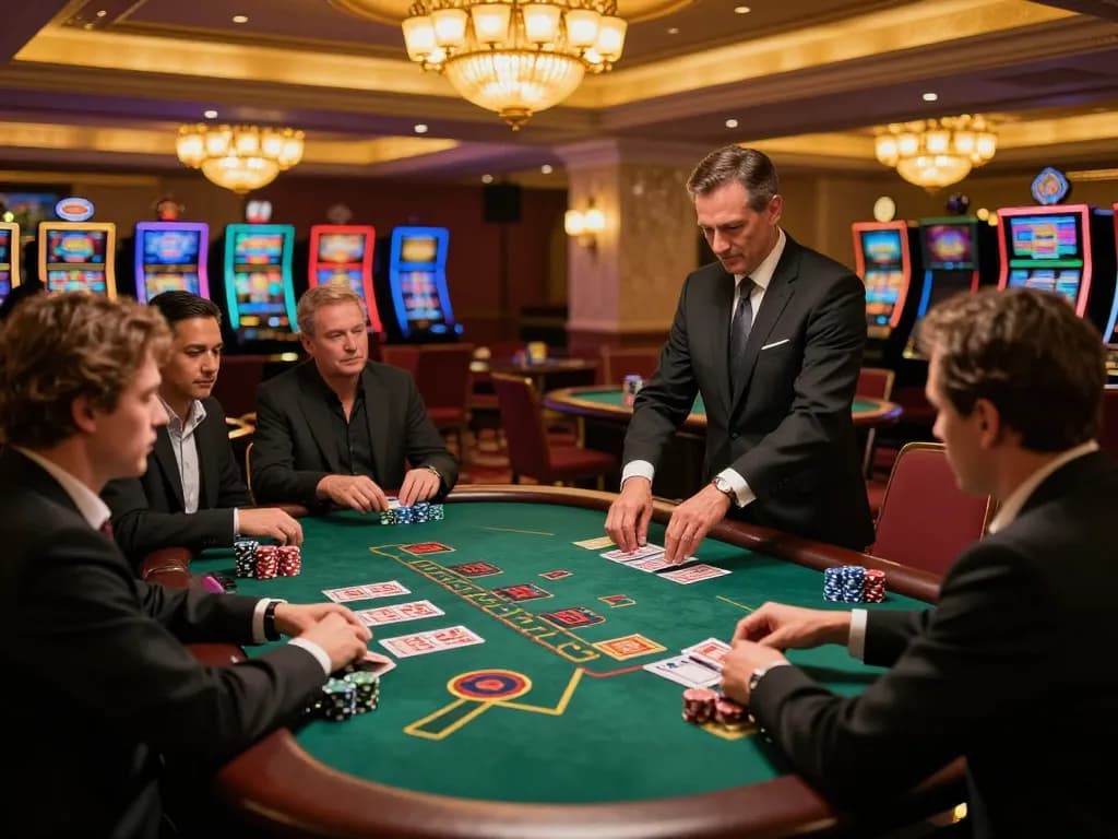Kèo nhà cái showcases dynamic blackjack gameplay with focused players and a professional dealer in a luxurious casino.
