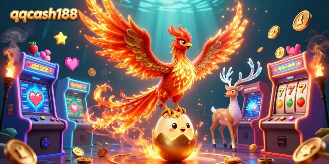 Join the thrill of qqcash188 with fiery phoenixes and vibrant gaming elements in a dynamic casino scene.