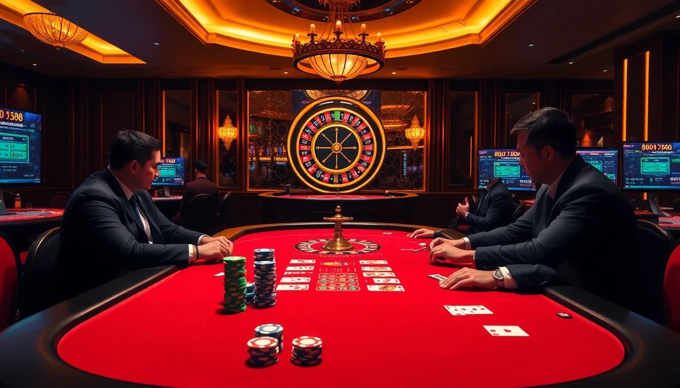 Experience the thrill of BJ88 with players at a vibrant casino table, poker chips piled high.