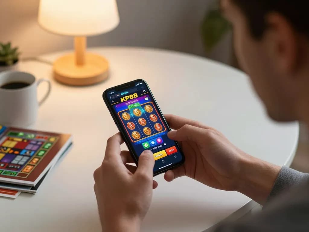 Engaging moment of đăng nhập KP88 on a smartphone, showcasing vibrant slot game interface in a cozy setting.
