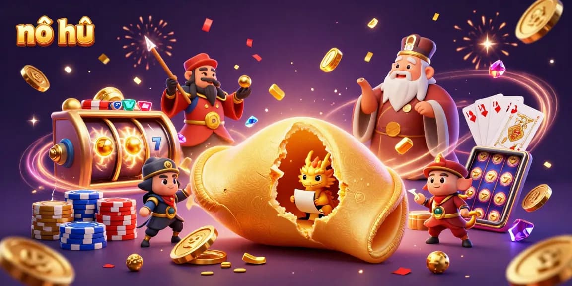 Experience thrilling wins with nổ hũ in a vibrant 3D casino scene featuring a spinning slot machine.