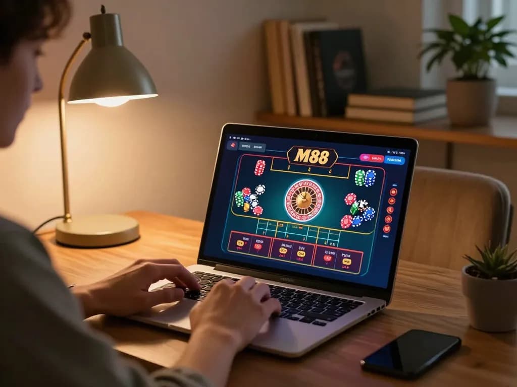 A person engaging in strategic gameplay on https://www.mnm88.com/, exploring roulette options in a cozy home office.