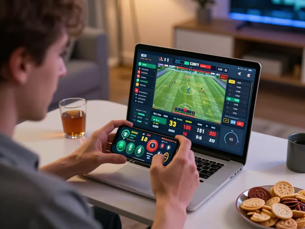 Engaged player using live betting app on smartphone at home, showcasing lc88pro interface.