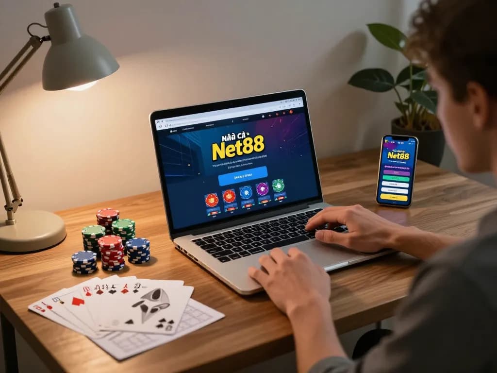 Engaging scene of a player using nhà cái Net88 for online casino gaming, showcasing comfortable setup and responsible strategy.