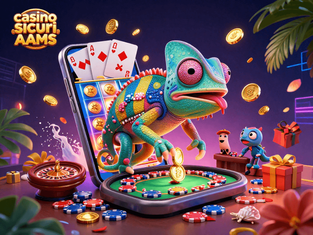 Gioca e vinci con i casino sicuri non AAMS, mentre il camaleonte proprietario cattura monete d'oro e simboli di gioco.