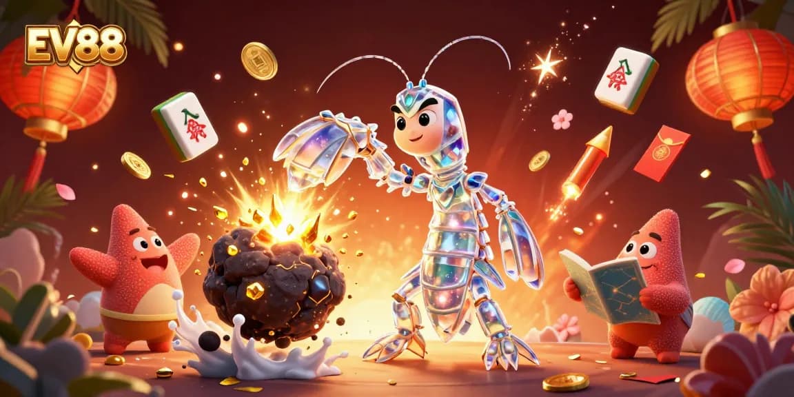 Experience the vibrant EV88 casino world with a samurai mantis shrimp and starfish, surrounded by dynamic elements.