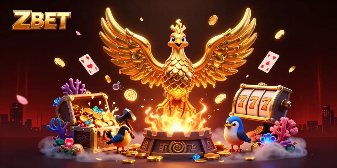ZBET spins the reels with a golden phoenix and treasures in an electrifying casino scene.