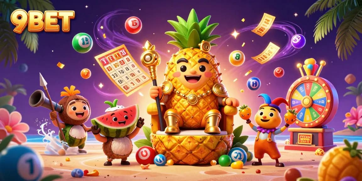 Experience the fun at 9BET with the vibrant casino scene featuring unique characters, games, and elements.