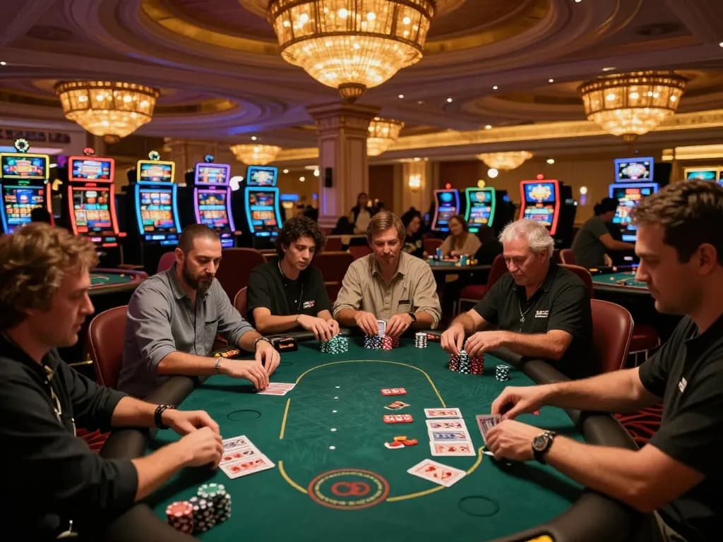 Engaging poker scene at 79king casino, players focused on chips and cards.