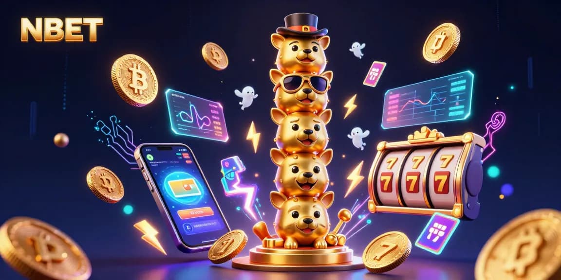 Engage with innovative gameplay at NBET featuring a vibrant casino-themed illustration with crypto elements.