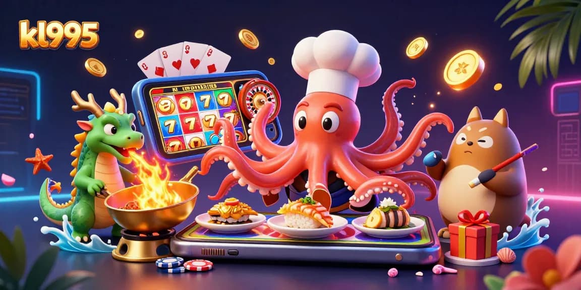 Experience thrilling wins with kl995 in this vibrant casino-themed illustration, showcasing dynamic gaming elements.