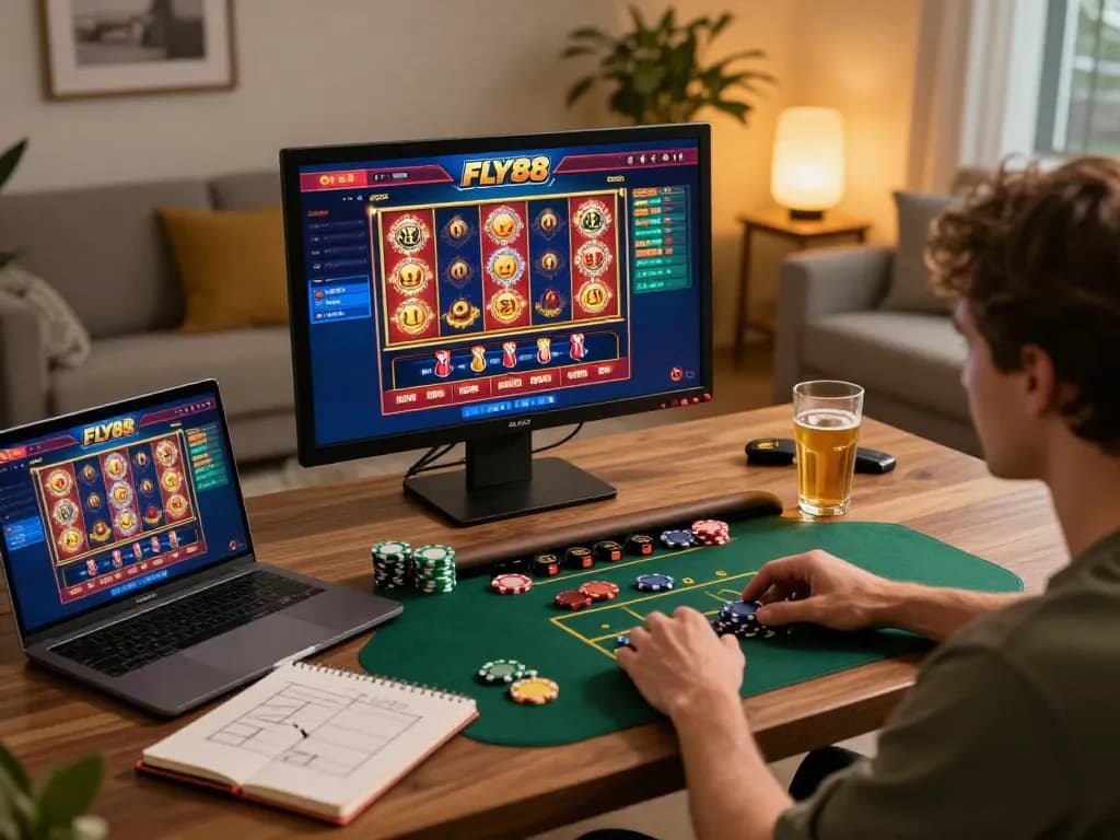Engaging gameplay on FLY88 online casino interface in a cozy home setting with strategic gaming elements.