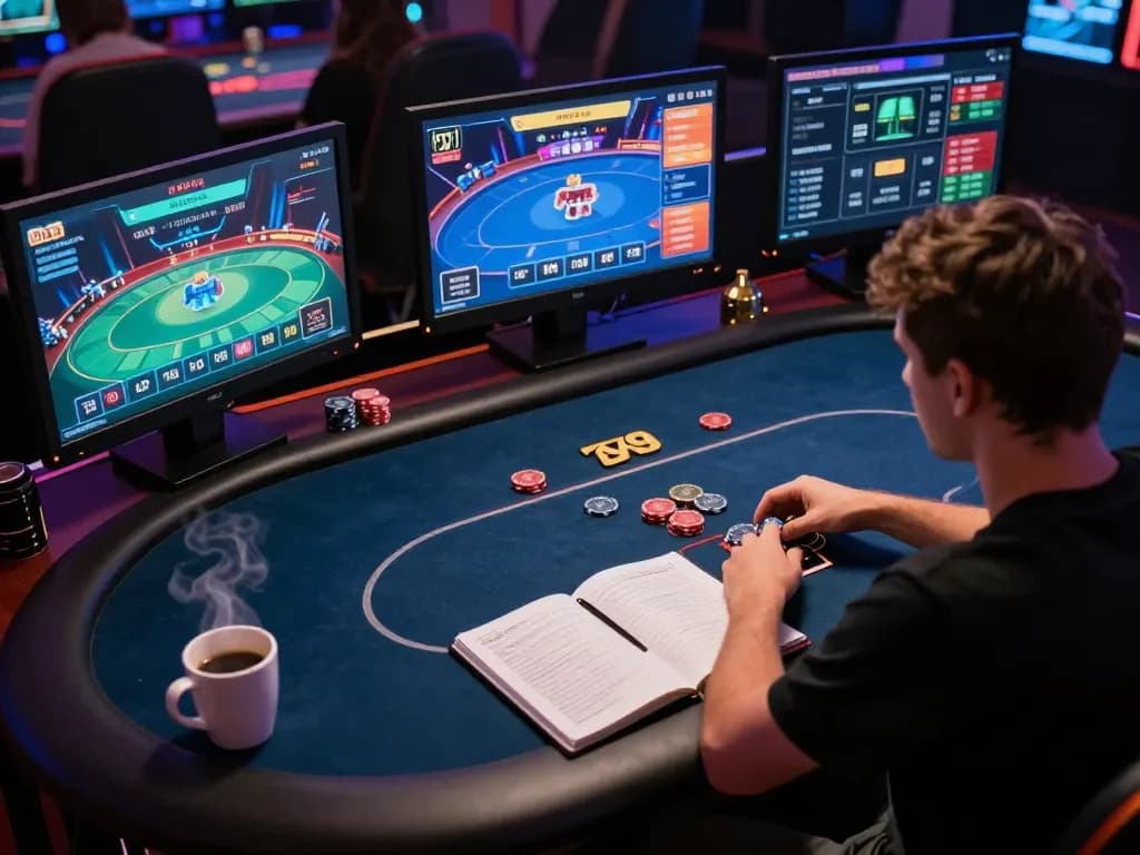 Player engaged in strategic online poker gaming session at 789betcom with ambient lighting and betting notes.