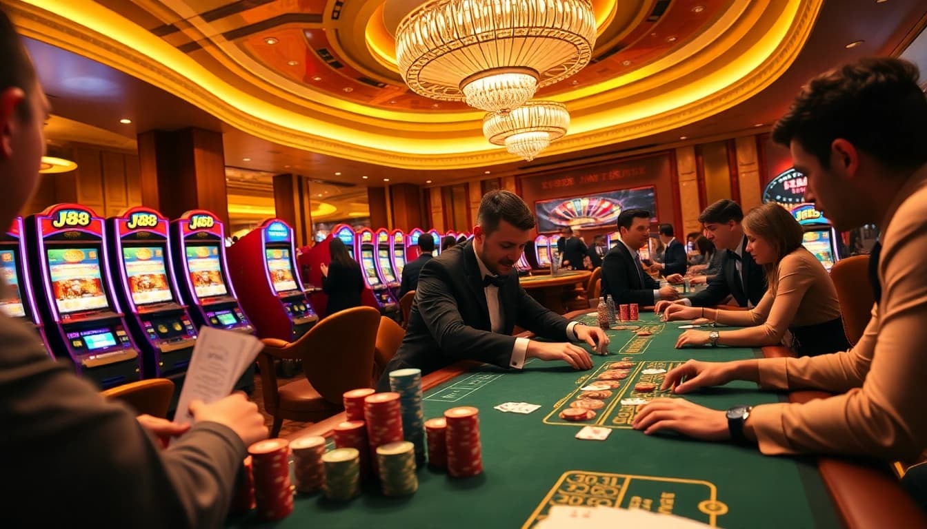 Experience thrilling J88 gaming with lively casino tables and players enjoying their bets.