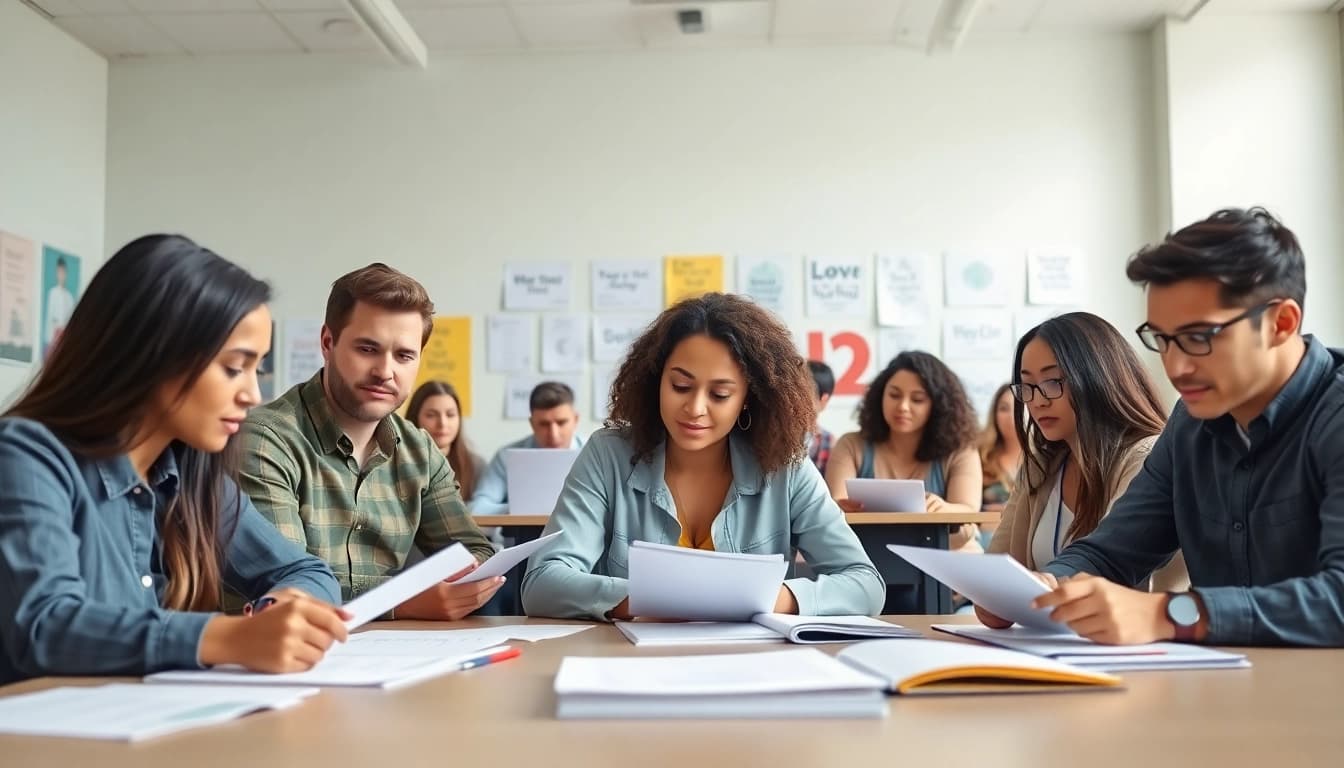 Focused TOEFL test takers for hire collaborating in a bright, professional study session.
