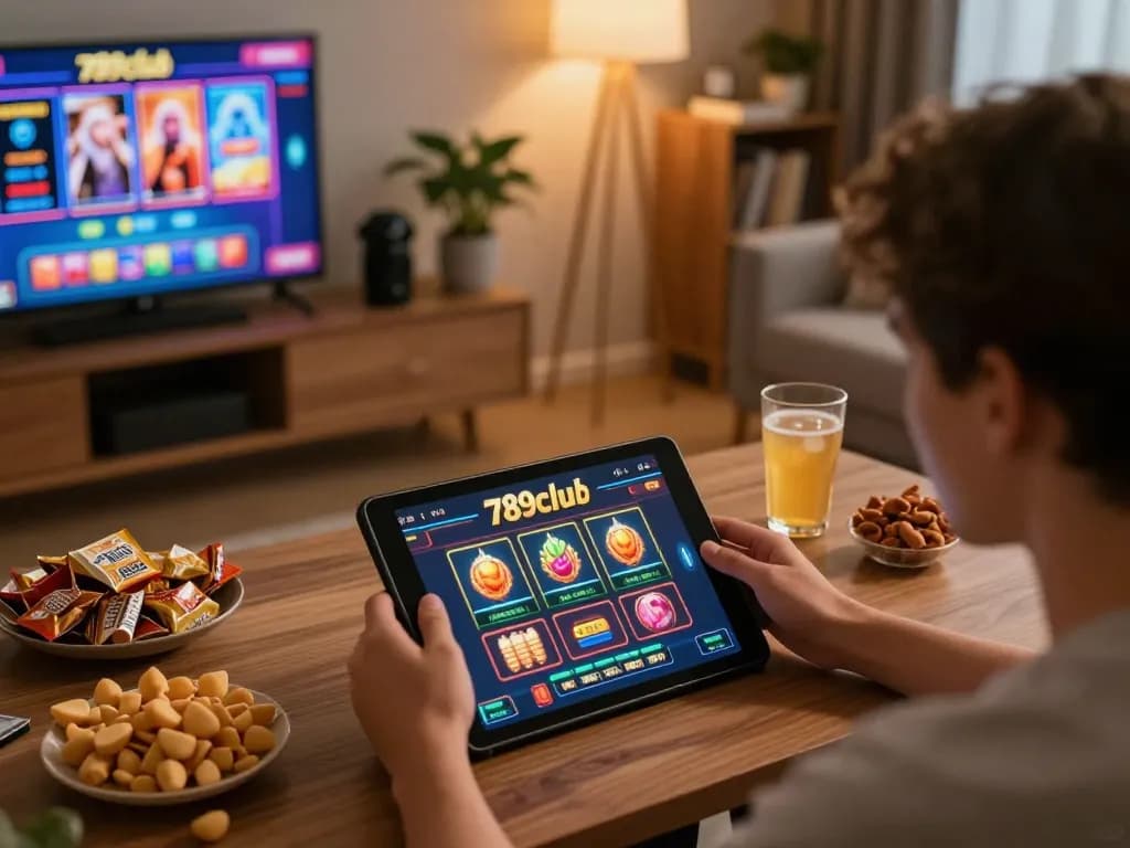 A player engaged in their favorite 789club game on a tablet, surrounded by snacks, showcasing a lively online gaming experience at home.