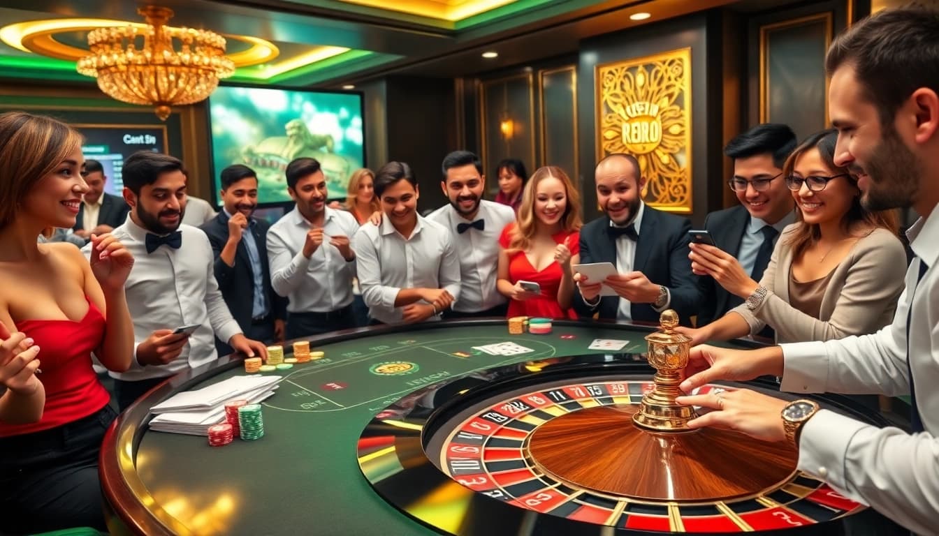 Sbobet link alternatif showcases a luxury casino atmosphere with enthusiastic gamblers at the table.