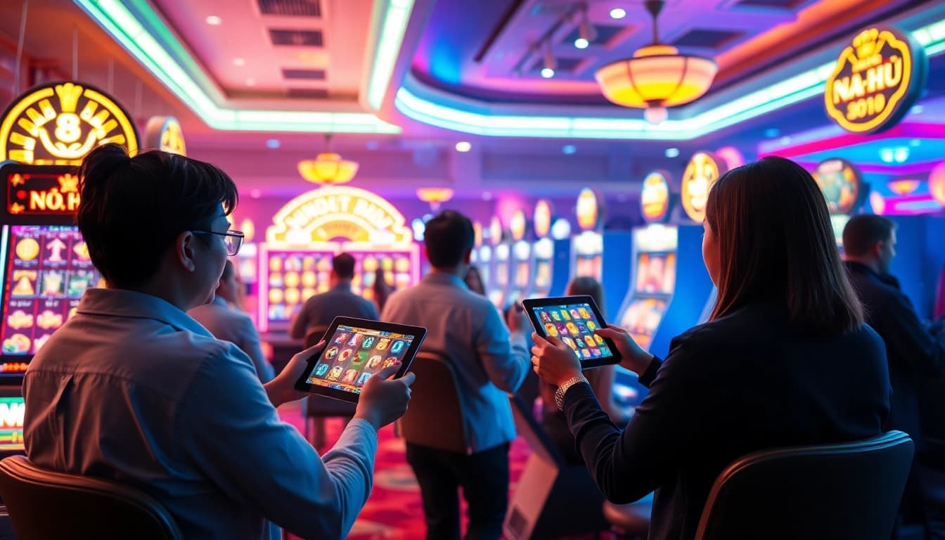 Nổ Hũ online gaming scene featuring vibrant slot machines and engaged players on mobile devices.
