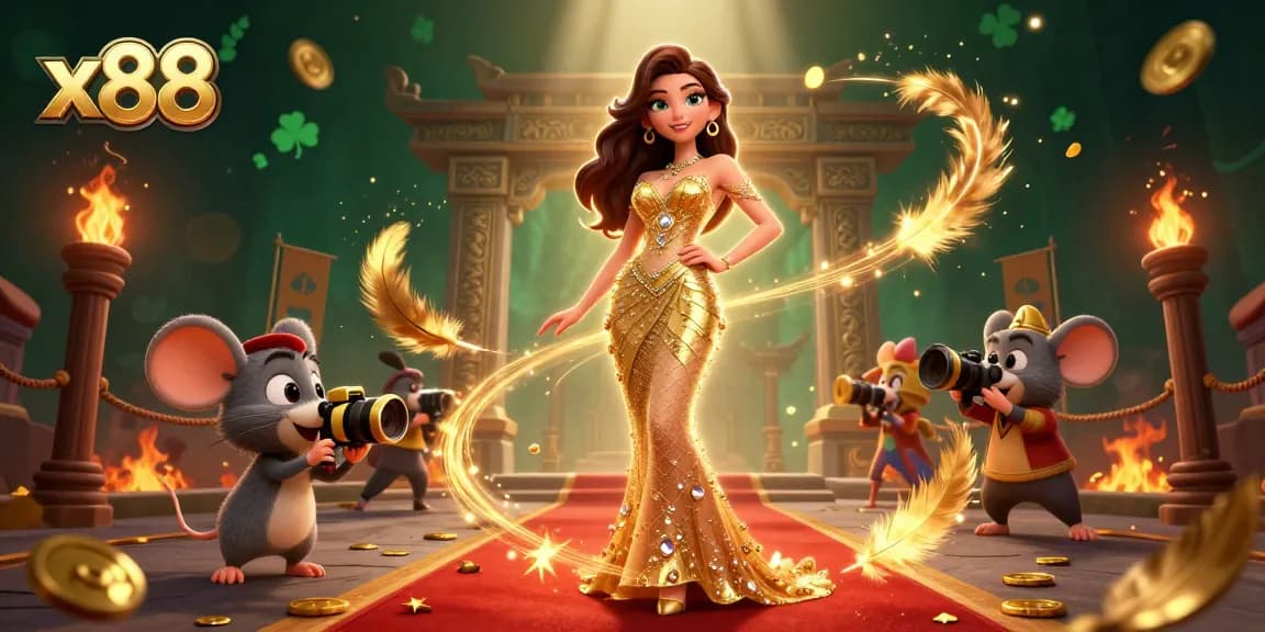 x88 gains excitement with a glamorous online casino scene, featuring a stunning woman on the red carpet amidst gold coins and dynamic gambling elements.