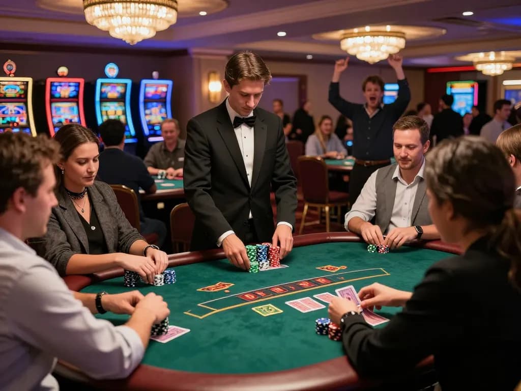 Duitgini players engaged in an exciting blackjack game on a vibrant casino floor