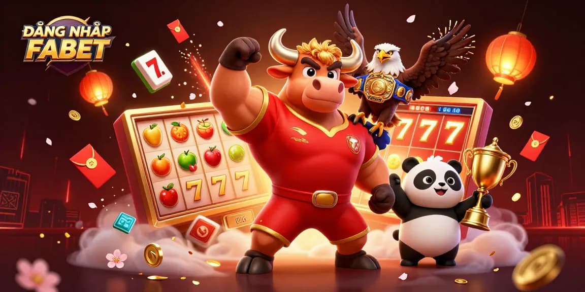 Experience the excitement of ĐĂNG NHẬP FABET with a vibrant casino scene featuring a bull, eagle, and panda.