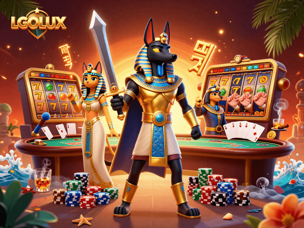 Engage with excitement at LGOLUX with a vibrant illustration featuring Anubis at a casino.