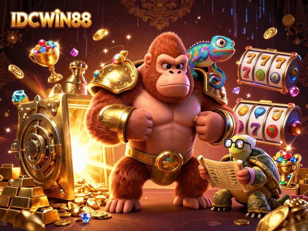 Engage in thrilling play at IDCWIN88 with vibrant 3D illustration of casino characters and treasures.