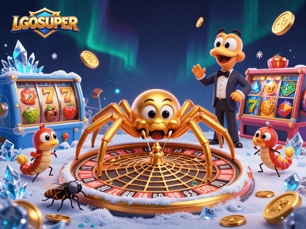 Experience thrilling bets with LGOSUPER as colorful slot reels and a friendly centipede croupier spin in dynamic casino art.