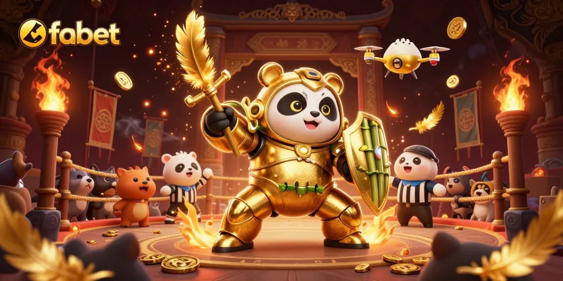 Engage in thrilling gameplay at fabet with our golden mech-panda in a vibrant casino arena.