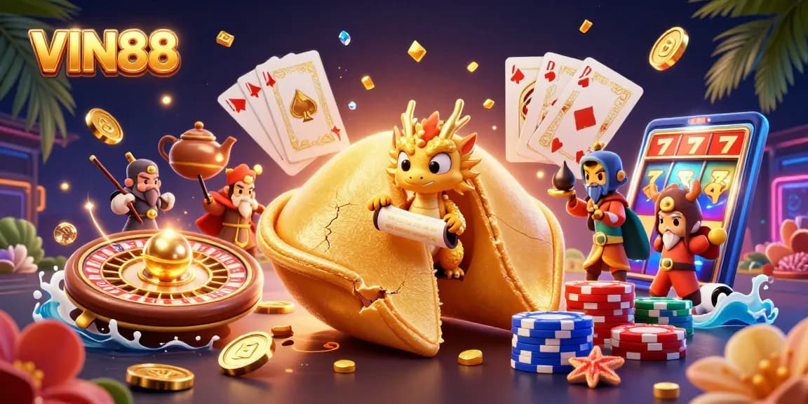 Experience the excitement of VIN88 with golden fortune cookie guardians and vibrant casino elements.