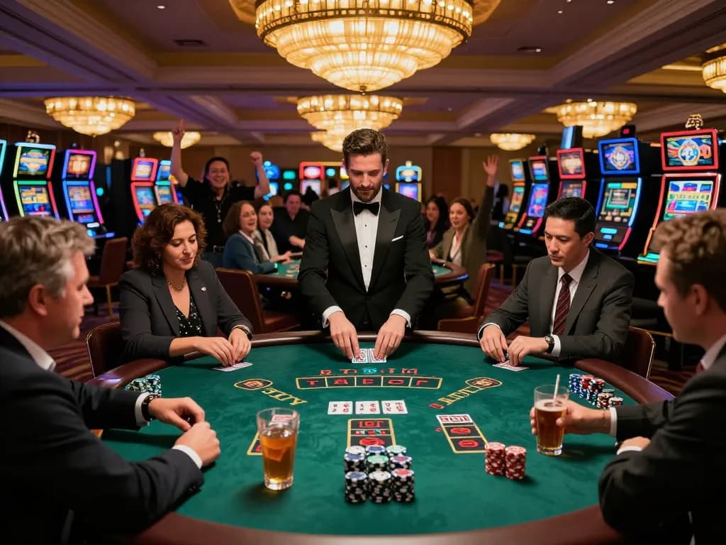 C211 blackjack game with serious players calculating odds and managing chips