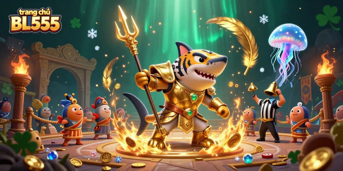 Experience captivating gaming at trang chủ BL555 with a vibrant underwater casino scene featuring a golden shark warrior.