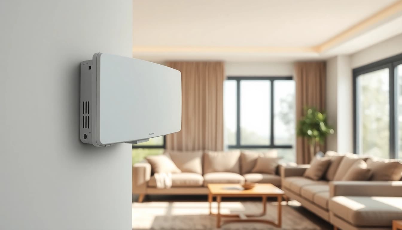 Showcase a mini split ac on a wall in a stylish living room, emphasizing modern design.