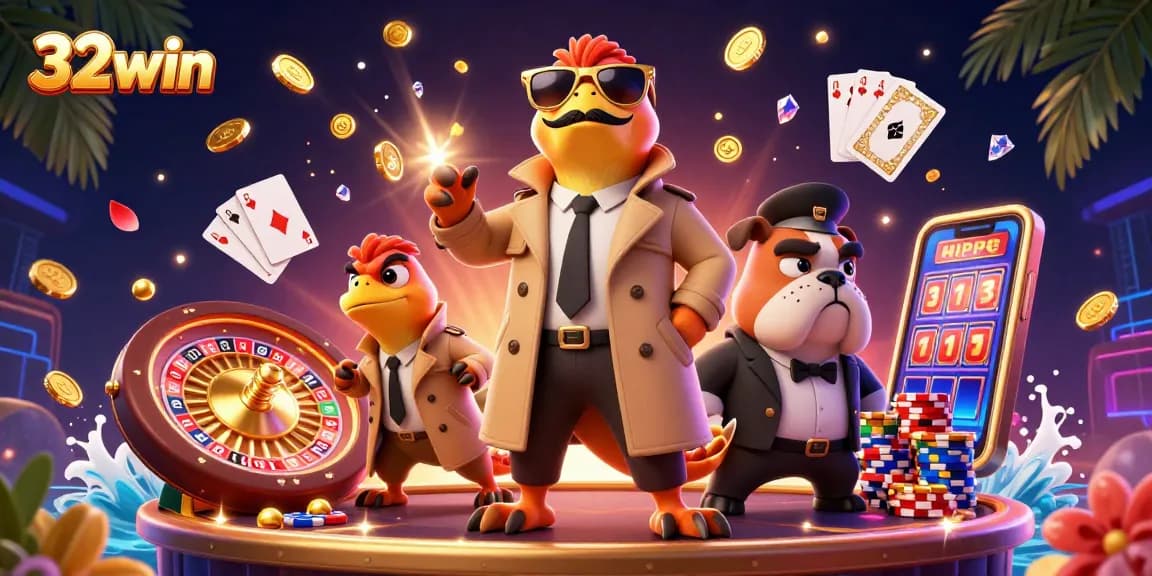 Experience the excitement of 32win, with cartoon raptors entering a VIP casino, surrounded by dynamic gambling elements.