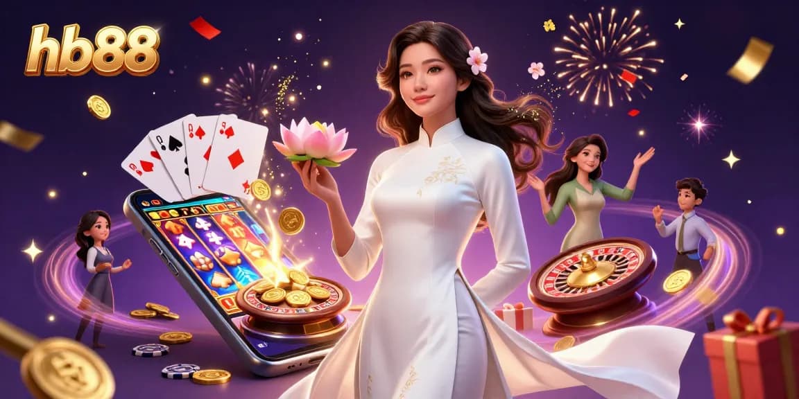 Experience thrilling gaming action with hb88 as elegant Asian woman showcases luck holding a lotus flower and golden coin.