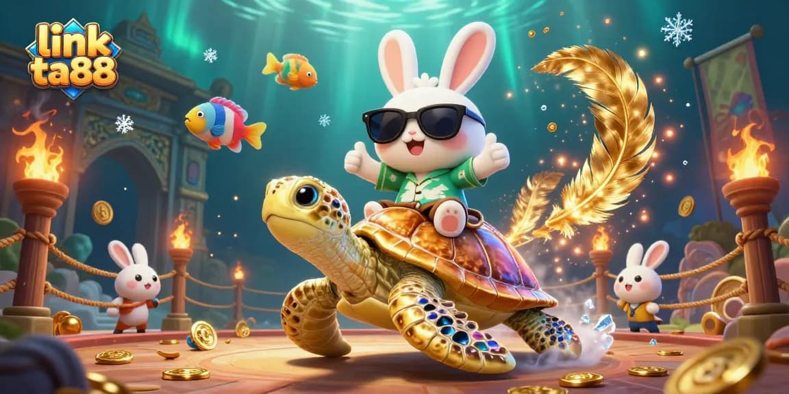 Play with link ta88 and win big in this vibrant 3D casino scene with lucky rabbit and sea turtle.