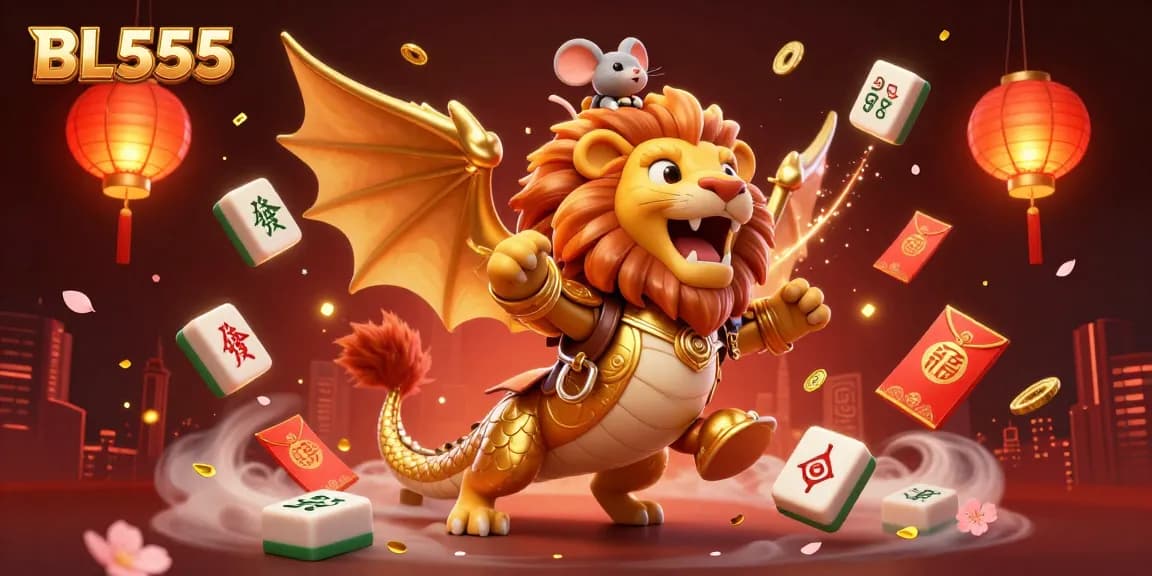 Experience thrilling gaming adventures at BL555 with a majestic chimera and festive symbols illuminating the scene.