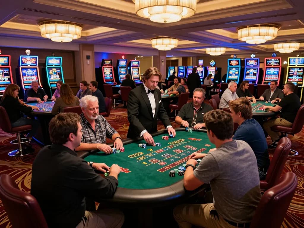 Players enjoying a dynamic blackjack game at 79king casino with a lively atmosphere and engaging dealer.