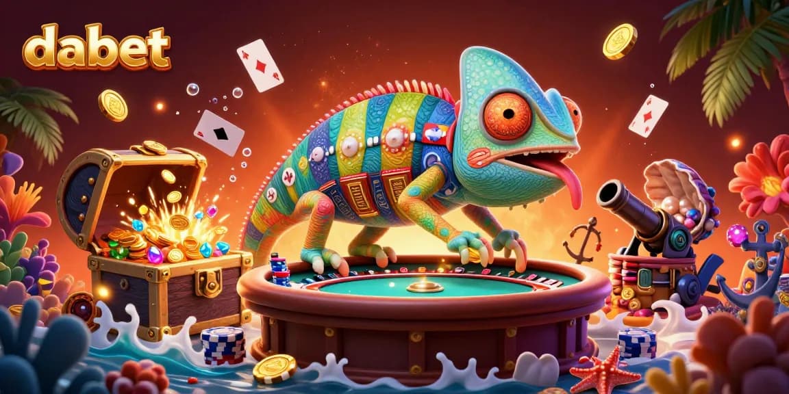 Engage with dabet's vibrant chameleon casino owner capturing golden coins at a dynamic gambling scene.