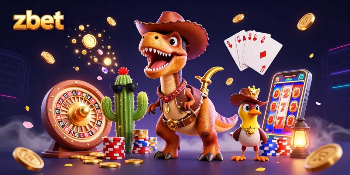 Experience zbet with a lively scene of a cowboy T-Rex, gaming elements, and dynamic coins.
