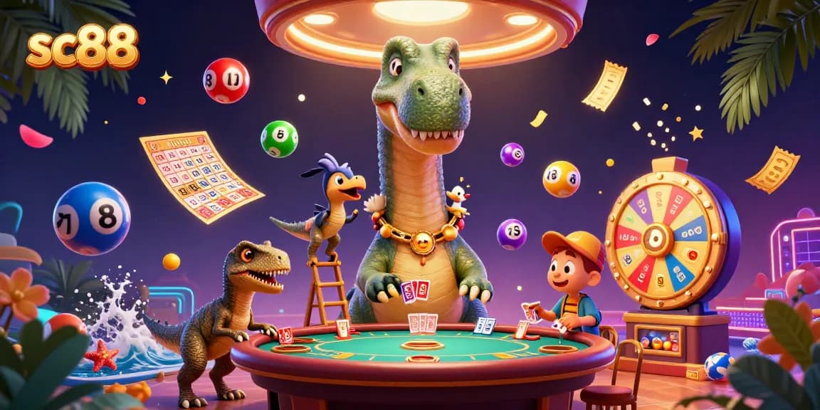 Engage in thrilling games at sc88 with a vibrant casino scene featuring a cartoon brontosaurus and raptor!