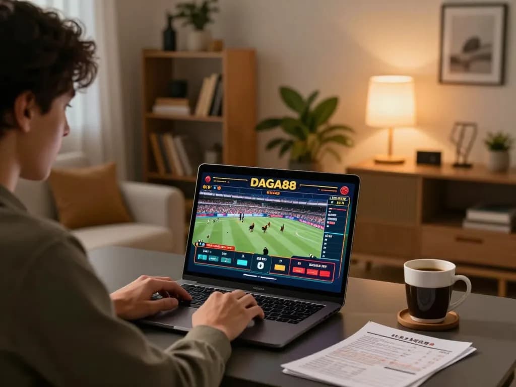 DAGA88 live betting on cockfights from home with a laptop and cozy atmosphere.