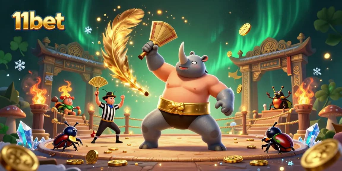 Experience the thrill of winning at 11bet, featuring a sumo beetle champion amidst gold and excitement.