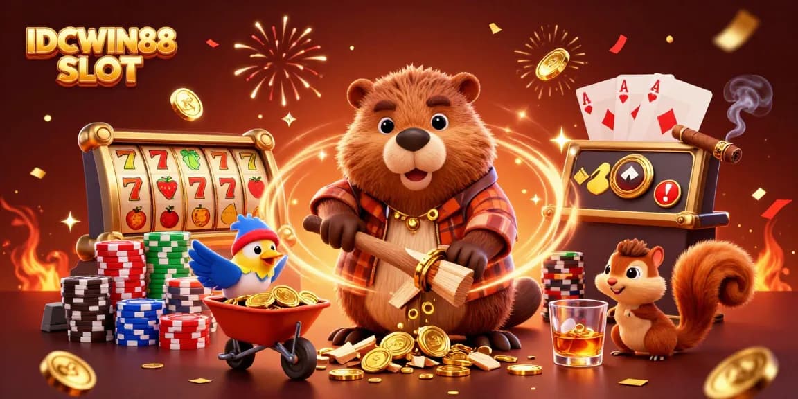 Engage with IDCWIN88 SLOT as beaver collects golden coins amidst colorful slot reels and playful casino elements.