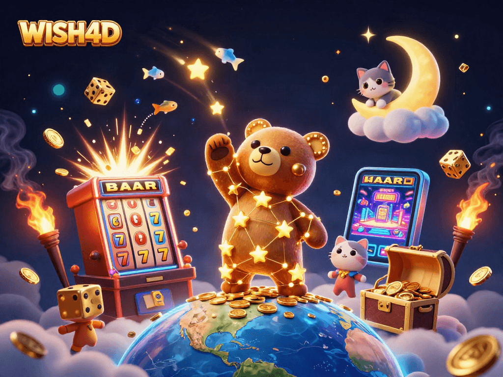 Win big with WISH4D slots as a constellation bear collects coins amidst a jackpot shower.