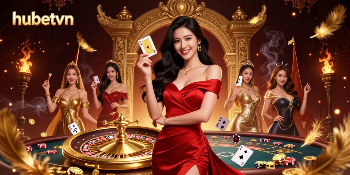 hubetvn offers an exciting casino experience with a stunning Asian woman elegantly displaying her winning card.