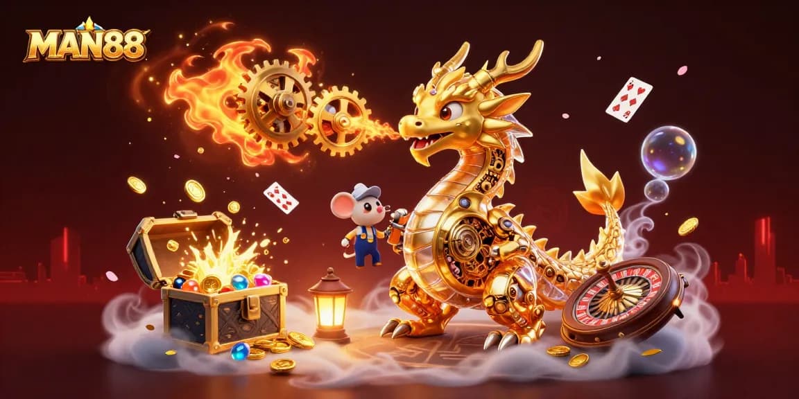 Experience the excitement of MAN88 with a dazzling 3D illustration of a dragon and gaming elements.
