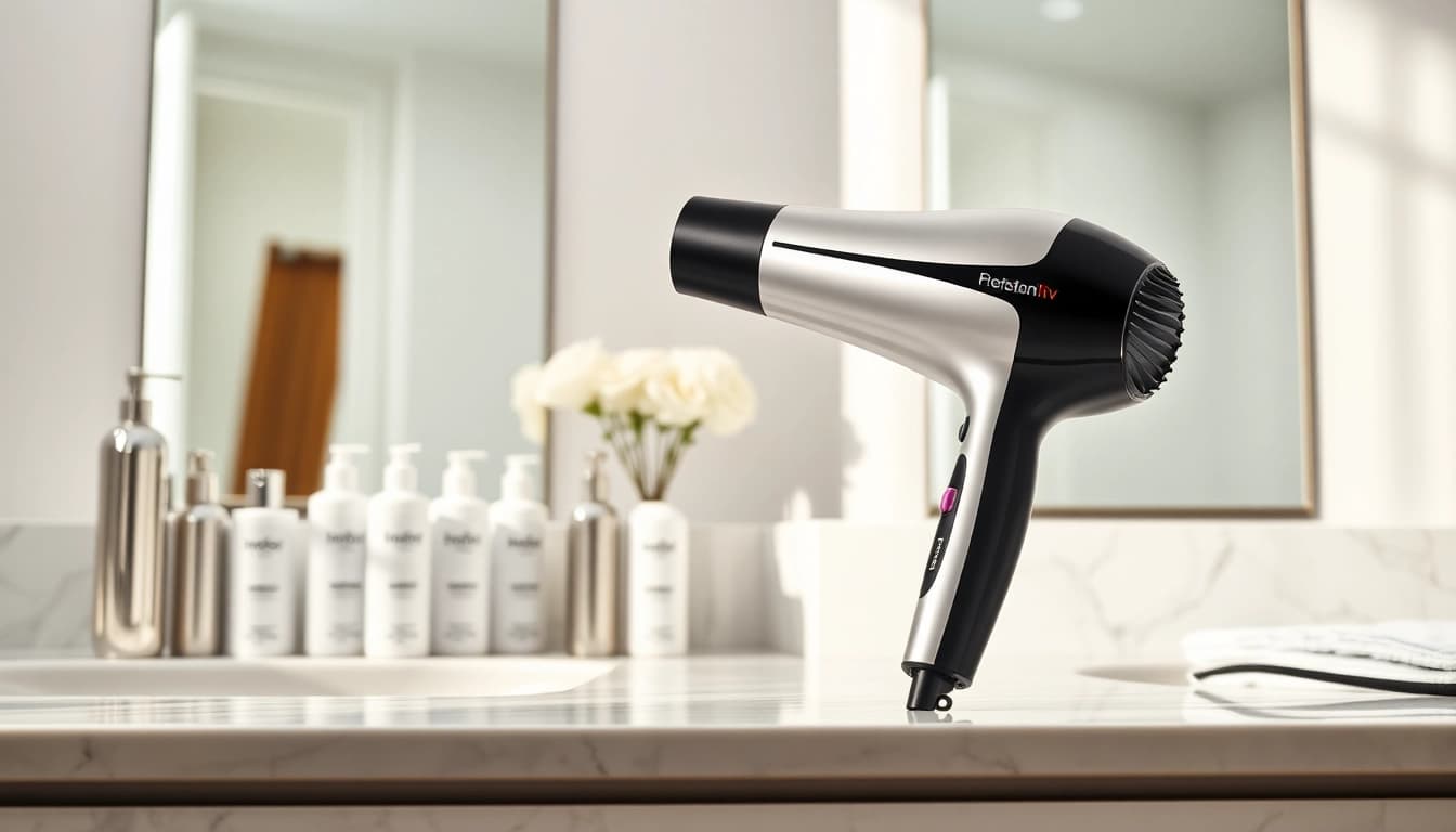 Enhance your hair styling with this premium Ionic blow dryer featuring a sleek design.