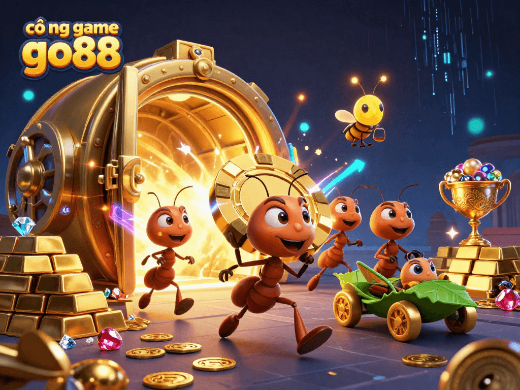 Experience the excitement of cổng game go88 with a vibrant heist scene showcasing oversized poker chips, treasure, and unique animated characters.